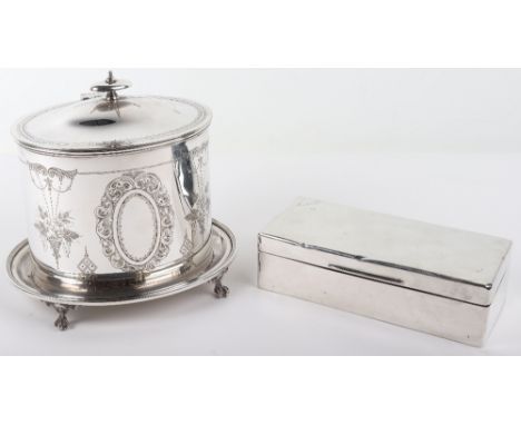 A silver cigarette box, London 1923, 19cmW with a  Victorian silver plate tea caddy, 19cmH