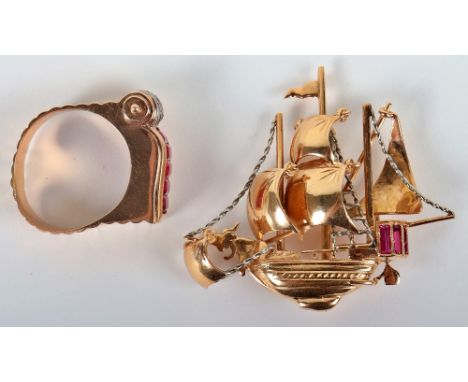 A Continental 18ct gold and ruby (possibly synthetic) brooch in the form of a ship, 5cmWx4.5cmW 11.91g, with a mens gold (unm