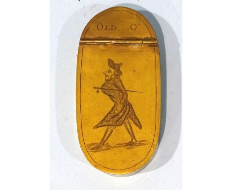 A George III brass oval snuff box, the hinged cover engraved with a caricature of William Douglass, 4th Duke of Queensberry a