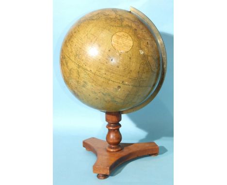 A 19th century Smiths terrestrial globe with brass Vernier, on short turned column and triform base with bun feet, 49cm high,