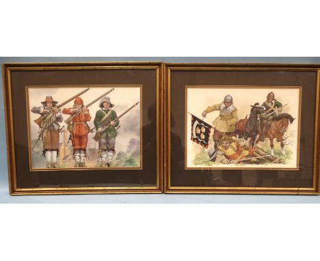 Angus McBride ENGLISH CIVIL WAR MOUNTED AND ARMED SOLDIERS Signed watercolour, 33 x 46cm, original for book illustration Sold