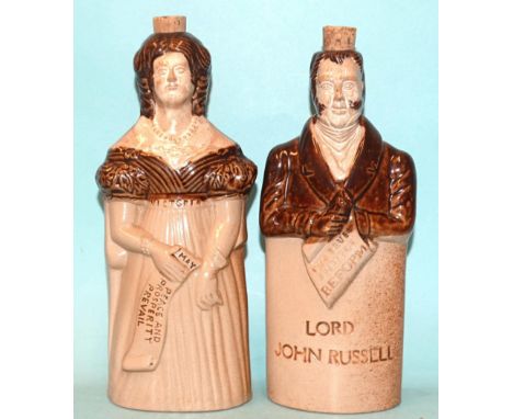 Two Denby stoneware character bottles modelled as Lord John Russell and Queen Alexandrina Victoria, marked Belper &amp; Denby