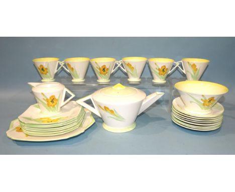 Shelley, twenty-five pieces of Gladioli decorated tea ware in the orange colourway, comprising: teapot, milk jug, sugar bowl,