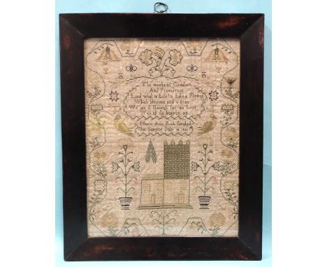 A William IV needlework sampler with central text above a church surrounded by birds, shrubs, flowers and insects, by Mary An