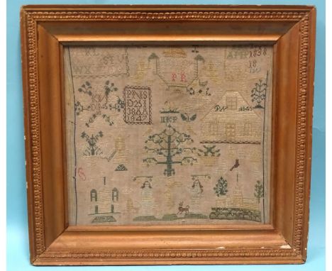 *Please note, all starred lots are sold at no reserve.*A 19th century needlework sampler decorated with figures, buildings an