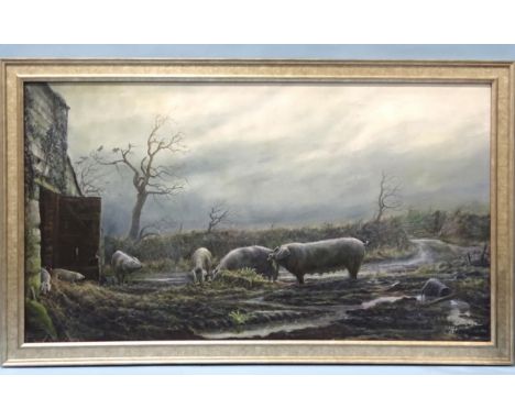 Gerry Hillman (Cornish, 20th/21st century) PIGS IN A FARMYARD Signed oil on canvas, 51 x 90cm.