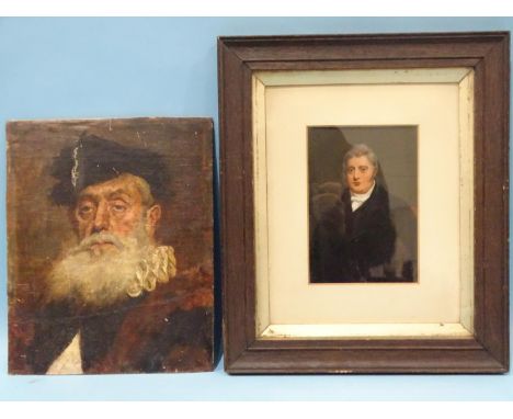 Unsigned PORTRAIT OF AN ELIZABETHAN BEARDED GENTLEMAN Oil on canvas on board, 28.5 x 23cm, together with a Victorian PORTRAIT
