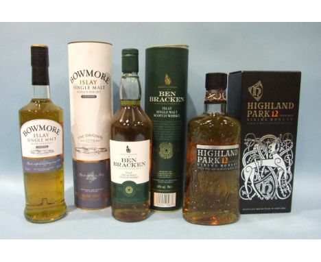 Bowmore Legend Islay Single Malt Whisky, 40%, 700ml, one bottle, in cardboard tube, Highland Park 12-year-old Viking Honour s