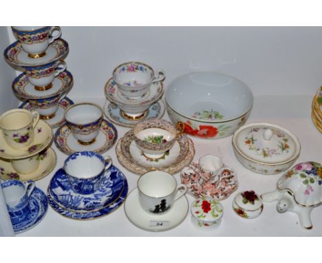 Teaware - a Coalport coffee cup;    a Royal Crown Derby Mikado teacup, saucer and side plate;  Wedgwood;  Royal Stafford; Roy