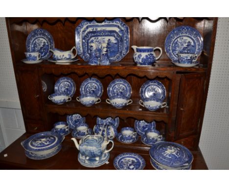 A Burleigh Ware Willow pattern part dinner and tea service comprising of a teapot, coffee pot, gravy boat, soup dishes, sauce