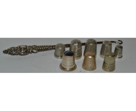 Silver thimbles, various dates and makers (4);  others, plated;  a silver button hook