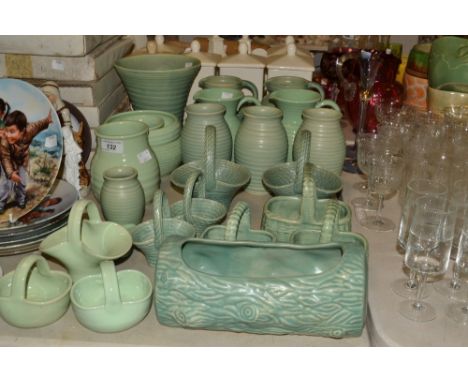 Denby and Langley - light green coiled and basketwork, including planters, baskets and vases;  etc