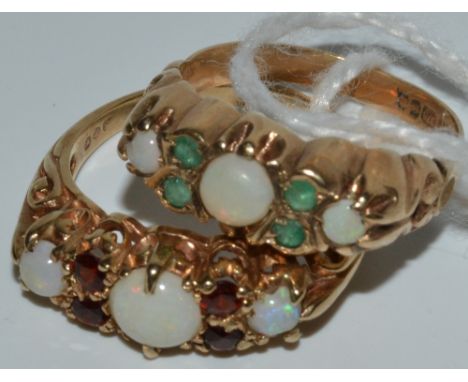 A lady's opal and ruby five stone ring, 9ct gold shank;  another, emerald coloured stones, 6.4g (2)