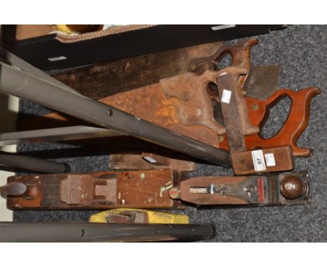 Tools - Disston, U.S.A,  handsaw, others(3); a Wilson Lovatt spirit level; an Anant smoothing plane, a Sorby smoothing plane,