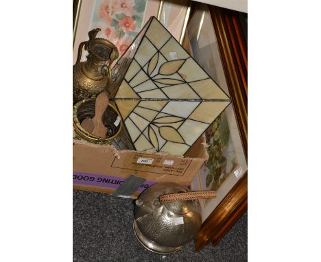 A glass and wirework ceiling light;  coloured framed prints, various,;  a hammered pewter kettle, Gruetzor;  etc