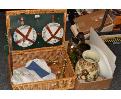 Household Goods - a picnic hamper;  a quantity of linen tablecloths and napkins; ejector candlesticks;  Staffordshire meat pl