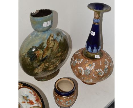 A Royal Doulton Chineware bottle vase , long bulbous neck;   a similar tobacco jar;  an English Art pottery moon flask, decor