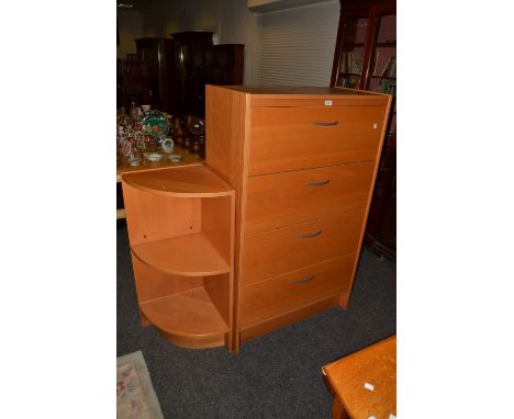 A contemporary beech effect four drawer filing cabinet;  a similar corner shelf unit;  a pine effect three tier bookcase (3)