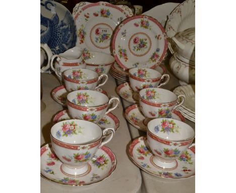 A Tuscan Fine English Bone China 'Lowestoft' pattern tea service, comprising cream jug, sugar bowl, sandwich plate, six side 