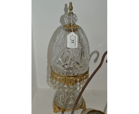 A gilt metal and frosted cut glass table light, with hanging droplets, 40cm high