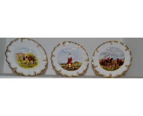 A pair of Royal Crown Derby Hunting wavy edge dessert plates, signed  Pell;  another (3)