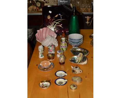 Ceramics - a large Italian pottery conch shell;  closionne enamelled egg;  trinket boxes;  an eggshell porcelain teacup and s