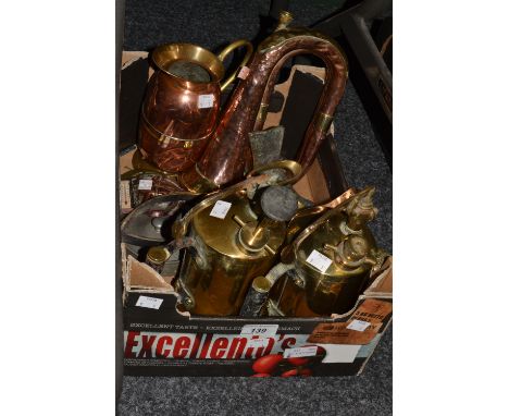 A quantity of brass and copper, including a bugle, a jug, a toasting fork;  pump action garden spray;  another; etc. 