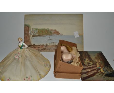 A German porcelain half doll c.1920s, another smaller;  an oil on panel , coastal scene, others 