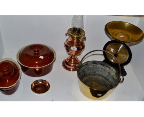 A copper oil lamp;  a brass jam pan;  a set of 5kg Salters Family scales; No.45  two stoneware casserole dishes;  etc 