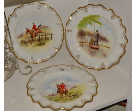 A pair of Royal Crown Derby Hunting wavy edge  dinner plates;  another, Fishing, printed marks in green