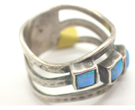 Silver synthetic opal ring size R ( no stamps )