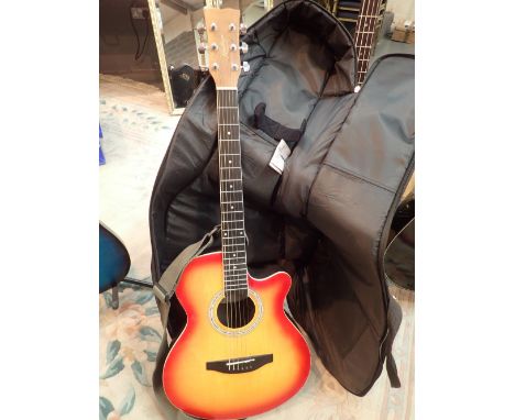 Roundback shallow body sunburst effect acoustic guitar by Hudson model no SB1-CSB with strap soft carry case and plectrums 
