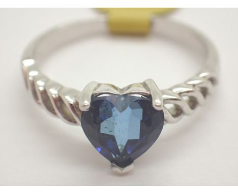 Silver blue heart shaped solitaire ring size R / S