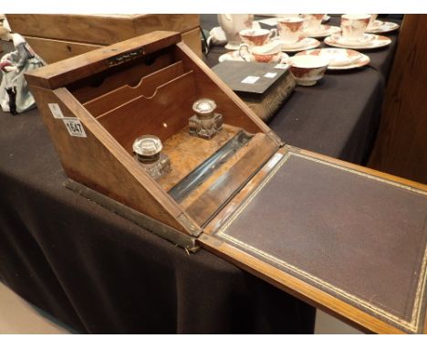 Burr walnut stationary box with fold out writing slope containing two inkwells CONDITION REPORT: In locked position - one ink