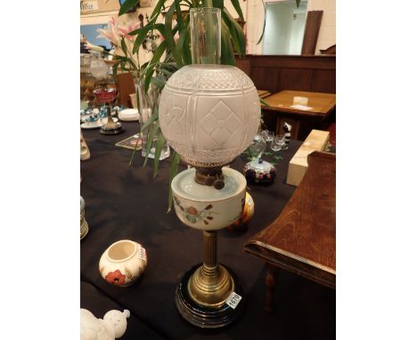 Painted milk glass lamp with Masonic shade CONDITION REPORT: Brass base of lamp has minor dents. Glass shade appears undamage