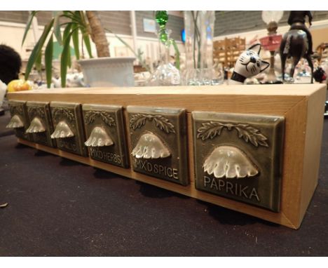 Substantial pine kitchen herb set with six named ceramic drawers L: 60 cm 