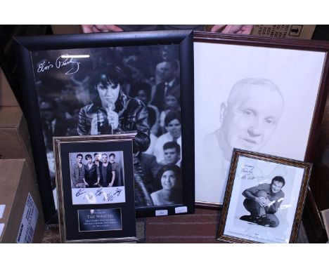 Two pieces of autographed art work and Bill Shankly medicine sketch and Elvis print. Postage unavailable 