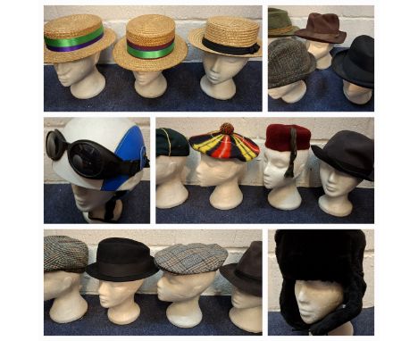 A collection of vintage gents hats and school straw boaters to include Harris Tweed size 6¾, a fez, a 1960's motorcycle hat w