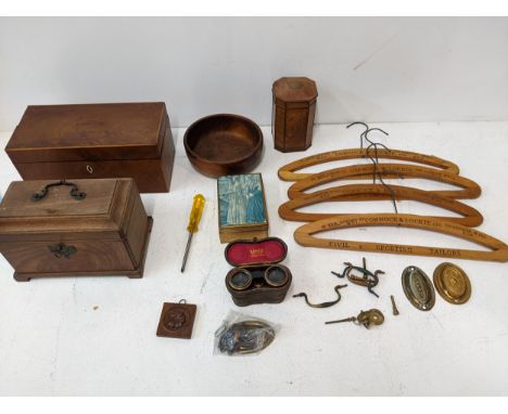 A group of treen items to include a George III tea caddy, a late 18th/19th century tea caddy, a cased pair of opera glasses, 