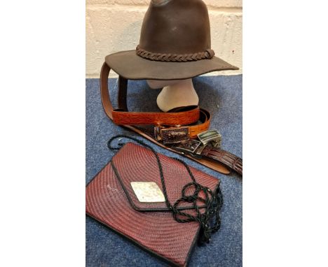 Mixed accessories to include a Henschel hat in the cowboy style, size Large, a vintage Cara Jacobs shoulder bag, 2 reptile be