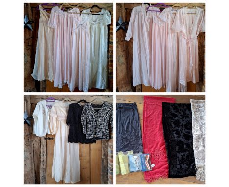 A quantity of late 20th Century ladies clothing and scarves to include a 1980's Frank Usher black sequin top size M, 1970's a