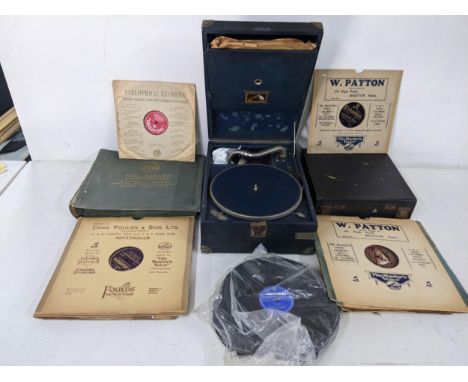 A vintage His Masters Voice cased gramophone together with a collection of vintage recordsLocation:If there is no condition r