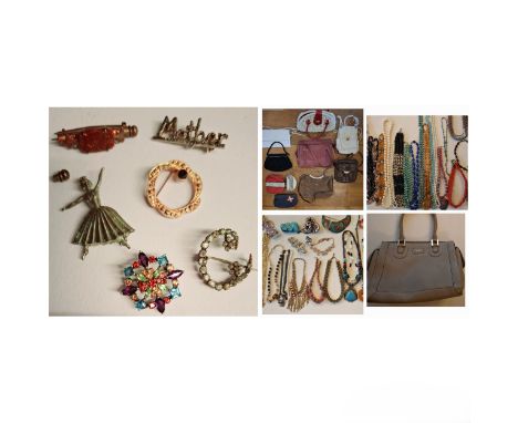 A quantity of costume Jewellery and fashion bags to include vintage brooches to include a Victorian brass 'Nanny' brooch/pin 
