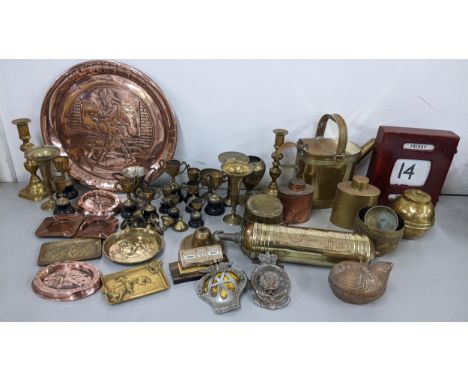 Mixed metalware to include a Victorian brass watering can, a commemorative souvenir tea caddy and others, together with a RAC