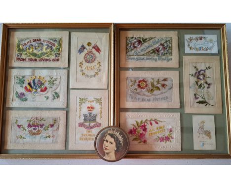 Two framed montages of early embroidered greetings cards to include WW1 sweetheart cards together with a commemorative compac