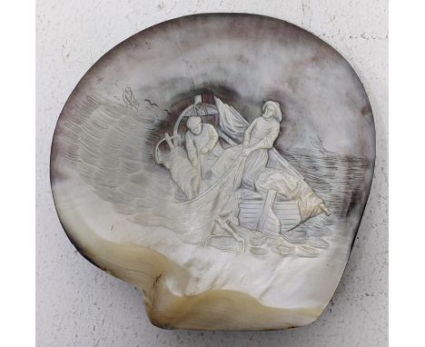A 19th century mother of pearl shell plaque, carved depicting a maritime scene 20cm h x 19cm w Location:If there is no condit