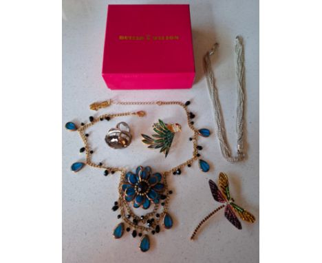 A Butler & Wilson gold tone and blue cabochon floral necklace having a B&W pendant to the clasp and branded box together with