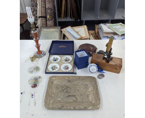 A mixed lot of collectables to include an Oriental cast metal tray, a cast metal and brass microscope, a King Charles III and