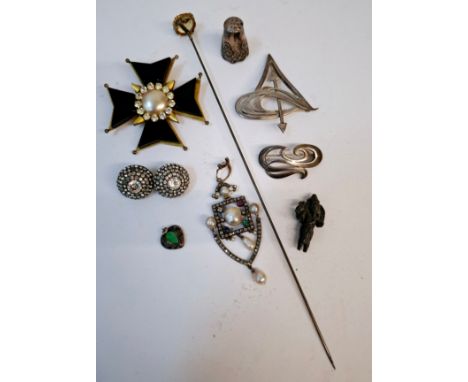 A vintage Paris House, London, Maltese cross gilt brooch having a central faux pearl surrounded by white paste stones and bla