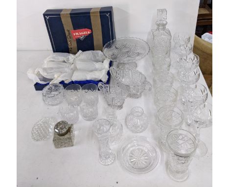A mixed lot of glassware to include a boxed set of six Edinburgh crystal glass goblets, an inkwell, a jug and twin handled bo